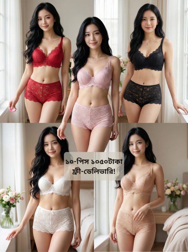 5 Pis Push-Up Lace Padded Bra + 5 Pis Matching Panty 10 Pis Combo Set  wee - Image 1